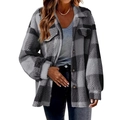 Close-up of gray and black plaid shacket featuring soft sherpa fabric and buttoned chest pockets - S / Gray