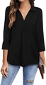 Women's V-neck collared black blouse with 3/4 sleeves in a casual relaxed fit style - Black