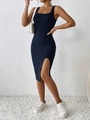 Abito lungo senza maniche in maglia a coste blu scuro con spacco laterale - S / Blu navy