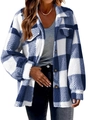 Detail of blue plaid fleece shacket showing classic collar and dark brown buttons - S / Blue