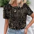 Damen Kurzarm-T-Shirt mit goldener Pailletten-Verzierung und schwarzem Rundhalsausschnitt - S / Schwarz & Gold