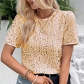 Damen Casual Loose Kurzarm Pailletten T-Shirt in Hellgold mit klassischem Rundhalsausschnitt - S / Gold