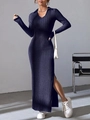 Detail of elegant navy knit dress showing side slit and ribbed texture on the midi skirt - S / Sapphire Blue