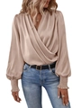 Elegant champagne satin V-neck blouse featuring smocked lantern sleeves and ruffled cuffs - S / Apricot