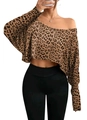 Close-up of leopard print off-shoulder cropped top with long sleeves and stretch fabric - Coffee Leopard