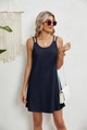 Navy blue sleeveless mini dress with diamond mesh texture and double spaghetti straps - Navy Blue