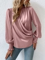 Elegant pink satin V-neck blouse with lantern sleeves and elastic smocked cuffs for women - S / Pink