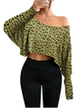 Dettaglio del crop top leopardato con spalla asimmetrica e maniche lunghe da donna - S / Leopardo Verde Chiaro