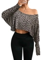Dettaglio del crop top leopardato con spalla scoperta e maniche lunghe in tessuto fresco - S / Leopardo Grigio