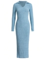 Elegant light blue long sleeve knit dress with V-neck polo collar and ribbed texture finish - S / Sky Blue
