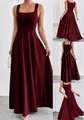 Detail view of burgundy square neck maxi dress showing front side and back views - S / Burgundy
