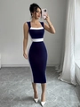 Slim fit navy midi dress with white contrast trim and square neckline for summer - S / Dark Blue