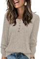 Beigefarbenes geripptes Langarmshirt für Damen mit dekorativen Holzknöpfen im Henley-Stil - XL / Hellgrau