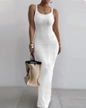 Detailed macro view of white sleeveless maxi dress featuring vertical wavy knit texture - S / White