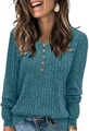 Damen Henley-Langarmshirt in Dunkeltürkis mit Rippenstruktur und Holzknöpfen - L / Seeblau