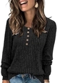 Top a maniche lunghe da donna grigio scuro con trama a costine e scollo Henley con bottoni - Nero