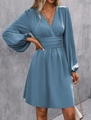Detail of V-neck long sleeve dress in Morandi blue with ruched waist and lantern sleeves - S / Malachite green