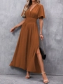 Elegant V-neck maxi dress with ruffle sleeves and high slit in caramel orange color - S / Caramel color