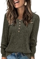 Top a costine a maniche lunghe verde militare da donna con bottoni decorativi sullo scollo - Verde