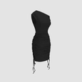 Black one-shoulder knitted mini dress with side ruching and adjustable drawstrings - S / Black
