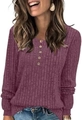 Top a maniche lunghe da donna malva in maglia a costine con scollo rotondo e bottoni decorativi - Fucsia