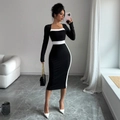 Slim-fit black and white color block midi dress with long sleeves and square neck - S / Black