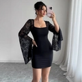 Elegantes schwarzes Bodycon-Kleid mit Karree-Ausschnitt und Spitze-Glockenärmeln - S / Schwarz