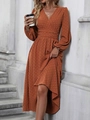 Detail of caramel Swiss dot fabric texture with pleated waist on a long sleeve dress - S / Brick Red