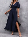 Elegant navy blue maxi dress with V-neck, ruffle sleeves, and high side slit detail - S / Navy Blue