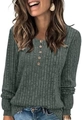 Top a maniche lunghe da donna verde salvia con trama a costine e scollo a Henley bottoni - Blu Grigio