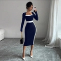 Navy blue bodycon dress with contrast white stitching and a vintage square neckline - S / Dark Blue