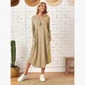 Women's long sleeve knit midi dress with side pockets and curved hem in khaki color - S / Khaki