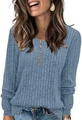 Maglia blu a maniche lunghe in maglia a coste da donna con bottoni decorativi in legno - Blu Uovo di Pettirosso