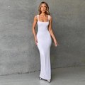 Macro shot of white square neck maxi dress showing premium ribbed knit texture and stitching - S / White