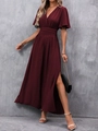 Elegant wine red V-neck maxi dress with flutter sleeves and high side slit detail - S / Burgundy