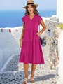 Detalle de vestido largo con volantes rosa fucsia con cuello en V y manga de volantes - S / Rosa rojo