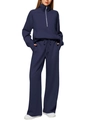 Detail view of navy blue half-zip sweatshirt with kangaroo pocket and wide-leg sweatpants - Aqua