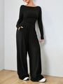 Completo nero due pezzi da donna, maglia aderente a maniche lunghe e pantaloni larghi - Taglia S / Top E Pantaloni / Nero