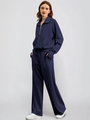 Women's dark blue two-piece lounge set with high neck zip hoodie and wide-leg knit pants - S / Navy Blue