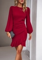 Detail view of the elegant deep red dress featuring ruched waist and ruffle hemline - S / Top And Bottom / Burgundy