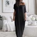 Women's black loose maxi dress with short sleeves and convenient side pockets - S / Black