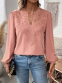 Pink V-neck long sleeve lace top for women with textured polka dots and hollow out details - Pink