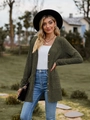 Detail of army green ribbed knit cardigan featuring wood-textured buttons and large patch pockets - S / Army Green