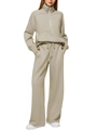 Detail of light beige half-zip sweatshirt and wide-leg jogger pants for women - Light Khaki
