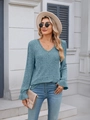 Slim fit grey-blue ribbed knit top with V-neck lace trim and ruffled cuffs for women - Blue