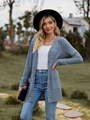 Detail of grey ribbed knit cardigan featuring wooden buttons and front pockets - Light Blue