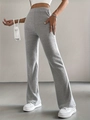 Close-up detail showing the grey ribbed knit texture and waist of the flare pants - S / Light Gray