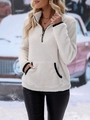 Detail van witte sherpa fleece hoodie met halve rits en zwarte contrasterende biezen - S / Wit
