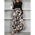 Women's long dress with black slim bodice and beige leaf print skirt with waist tie - S / Khaki