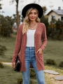 Detail of ribbed knit cardigan with wooden buttons and front pockets in brick red - S / Tops / Burgundy